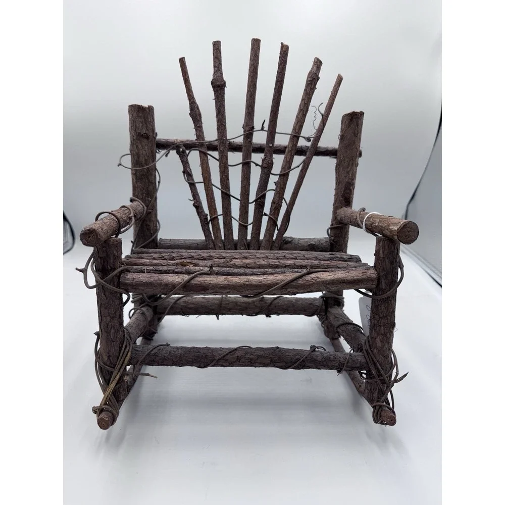 Vintage 12 In H Miniature Hand Made Rustic Wooden Twig Folk Art Rocking Chair